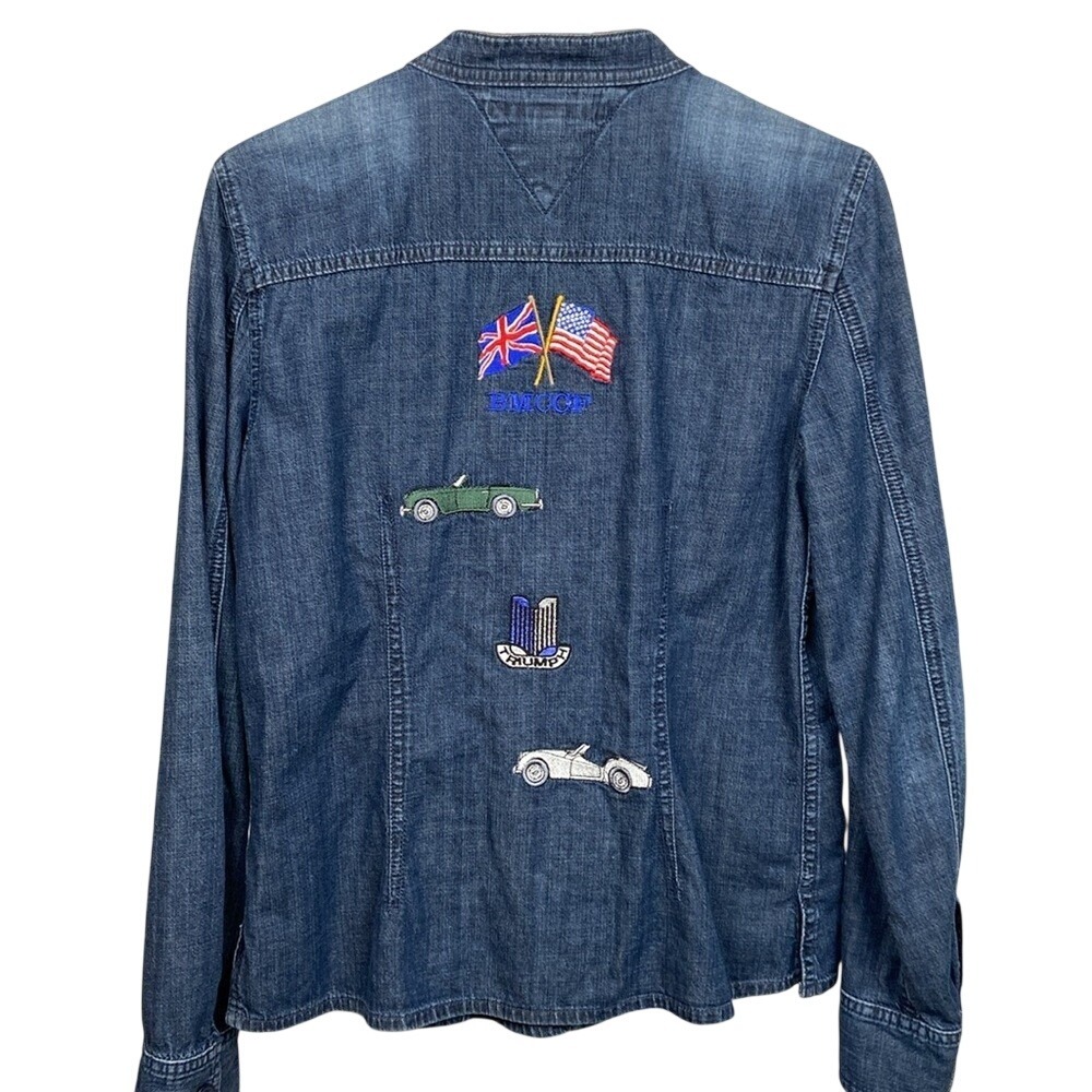 VTG Tommy Hilfiger Womens Denim Jacket Blue Embroidered Car Patch Utility Size 6